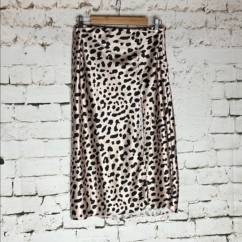 Leopard Print Satin Midi Skirt - Neutral Black & Beige